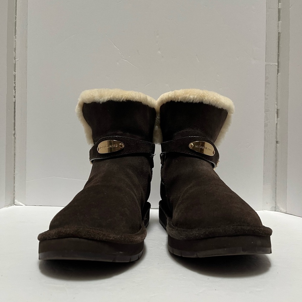 Michael Kors Womens Brown Suede Pull On Logo Strap Sheepskin Booties Size 9